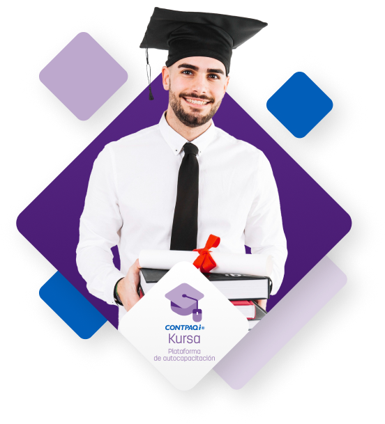 Hombre presentable recién graduado con libros en mano y logotipo de Contpaqi Kursa